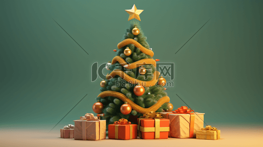 金色起球插画图片_3D圣诞礼物包围的圣诞树插画2