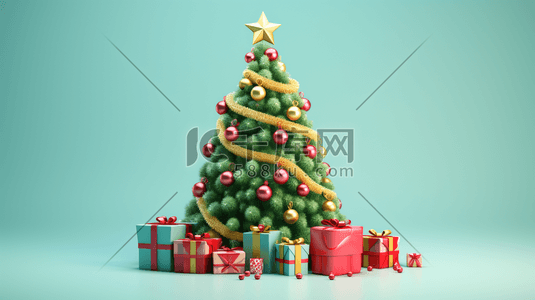 金色起球插画图片_3D圣诞礼物包围的圣诞树插画13