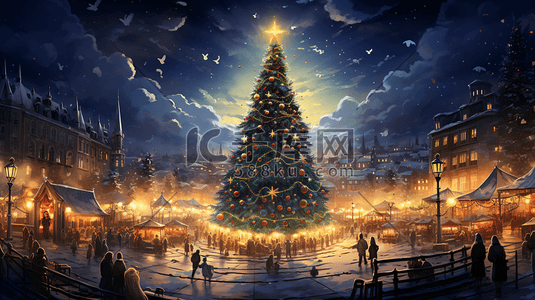 节日庆祝装饰插画图片_圣诞树下庆祝的人群