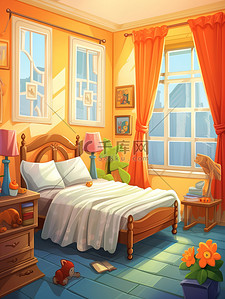 明亮温暖的卧室卡通插画6