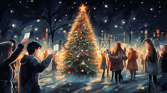 节日庆祝装饰插画图片_圣诞树下庆祝的人群