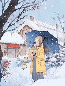 蓝色房屋背景插画图片_冬天海报雨伞女孩手绘插画