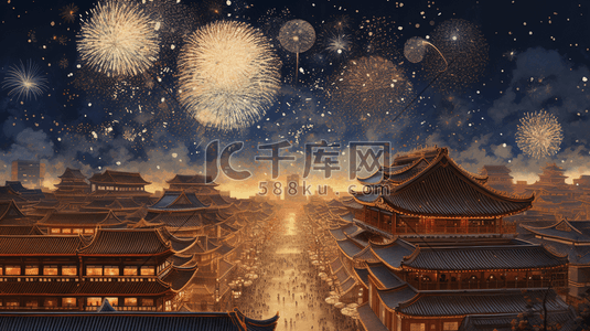 中国风古典跨年夜烟花秀插画17
