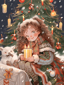小猫元素插画图片_圣诞节元素可爱女孩礼物圣诞树手绘