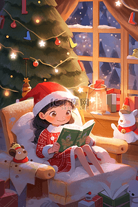 屋里的装饰插画图片_圣诞节卡通可爱女孩屋里看书手绘插画