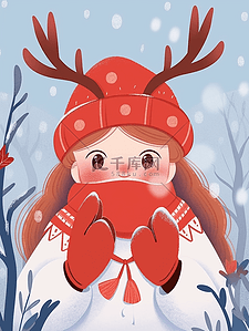 背景红色花纹插画图片_冬天圣诞节插画可爱女孩手绘