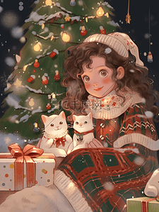 礼物元素插画图片_圣诞节圣诞树可爱女孩礼物手绘元素