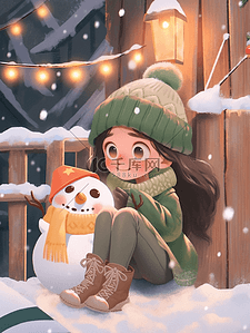 冬天圣诞节雪人可爱女孩木屋手绘插画