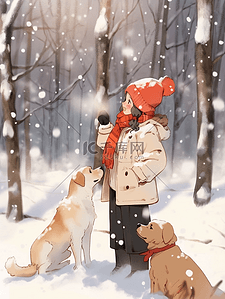 宠物狗背景插画图片_雪地树林女孩冬天手绘插画