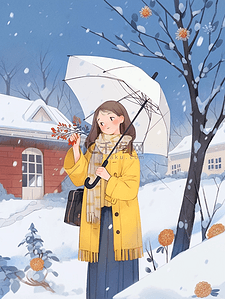 蓝色房屋背景插画图片_海报冬天女孩雨伞手绘插画