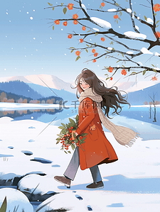 冬天女孩手绘雪地散步插画
