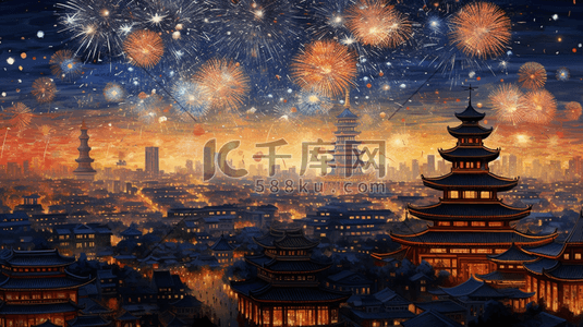新年数字9插画图片_中国风古典跨年夜烟花秀插画9