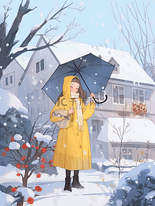 蓝色雪背景插画图片_女孩冬天海报雨伞手绘插画