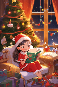圣诞节手绘可爱女孩屋里看书卡通插画