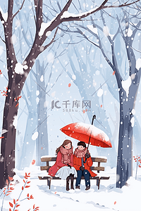 长椅情侣插画图片_冬天下雪的天空手绘情侣插画