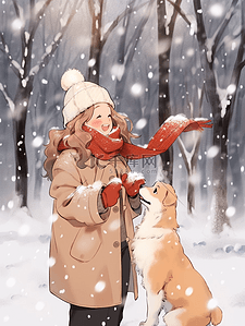 冬天手绘插画雪地树林女孩