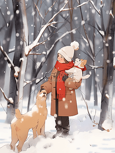 冬天雪地树林插画女孩手绘