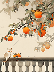 高清米色插画图片_冬季柿子树新年小猫国风插画