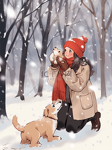 冬天雪地手绘树林女孩插画