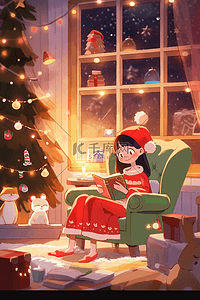 手绘圣诞节可爱女孩屋里看书卡通插画