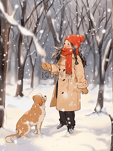 雪地树林女孩手绘冬天插画