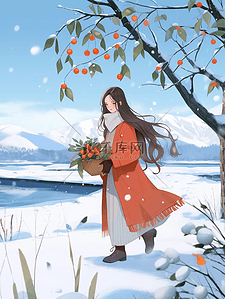 蓝色阴影插画图片_冬天女孩雪地插画散步手绘