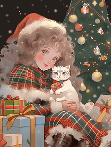 小猫元素插画图片_圣诞节可爱女孩礼物手绘圣诞树元素
