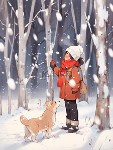 雪地冬天树林女孩手绘插画