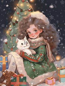 小猫元素插画图片_手绘圣诞节可爱女孩礼物圣诞树元素