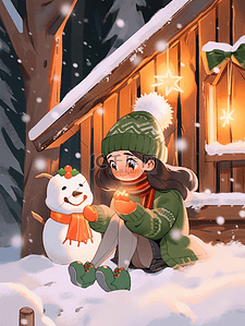 冬天枝插画图片_手绘插画冬天圣诞节可爱女孩雪人木屋