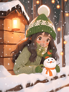 圣诞节可爱女孩冬天雪人木屋手绘插画