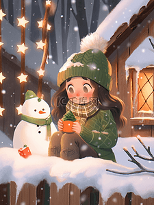 手绘冬天棉衣插画图片_手绘冬天圣诞节可爱女孩雪人木屋插画
