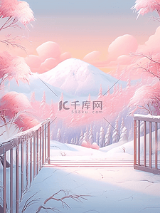 唯美雪景冬天手绘插画海报