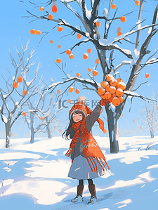 柿子冬天雪地女孩手绘插画