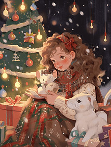小猫元素插画图片_圣诞节可爱女孩礼物元素圣诞树手绘