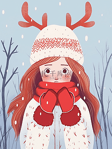背景红色花纹插画图片_冬天圣诞节手绘可爱女孩插画