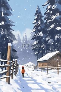 蓝色雪点插画图片_冬天海报女孩木屋松树手绘插画