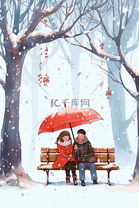 冬天手绘下雪的天空情侣插画