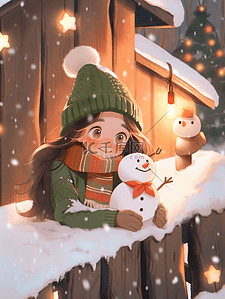 冬天圣诞节可爱女孩雪人木屋手绘插画