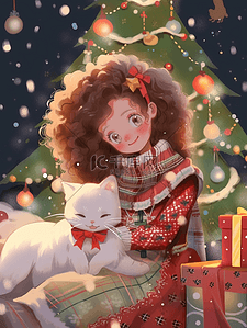小猫元素插画图片_圣诞树圣诞节可爱女孩礼物手绘元素