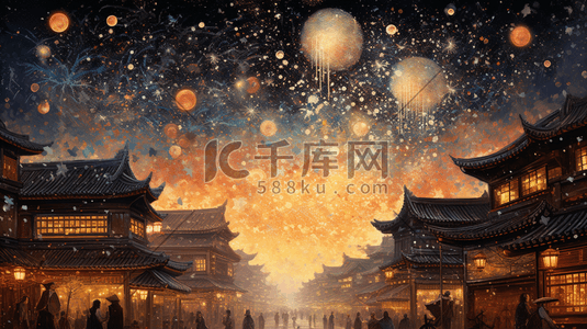 除夕年夜饭预定插画图片_中国风古典跨年夜烟花秀插画16