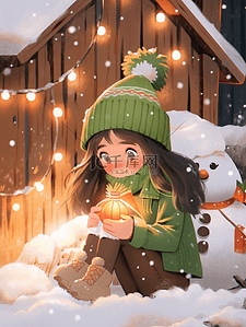 冬天可爱女孩雪人木屋手绘圣诞节插画
