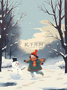 冬天海报手绘女孩雪人玩耍插画