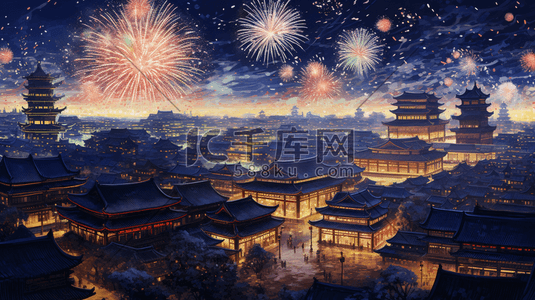 中国风古典跨年夜烟花秀插画18
