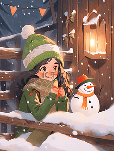 圣诞节冬天可爱女孩雪人木屋手绘插画