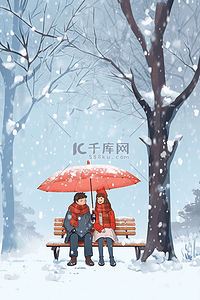 长椅情侣插画图片_下雪的天空情侣手绘插画冬天