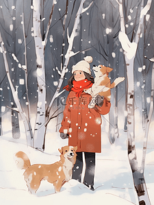 宠物狗背景插画图片_冬天女孩手绘雪地树林插画