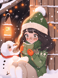 冬天可爱女孩雪人木屋圣诞节手绘插画