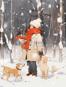宠物狗背景插画图片_手绘冬天插画雪地树林女孩