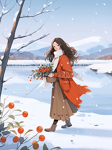 阴影红色插画图片_女孩雪地散步手绘冬天插画